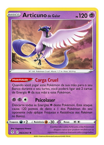 Kit Carta Pokémon Lendários Articuno Zapdos Moltres De Galar